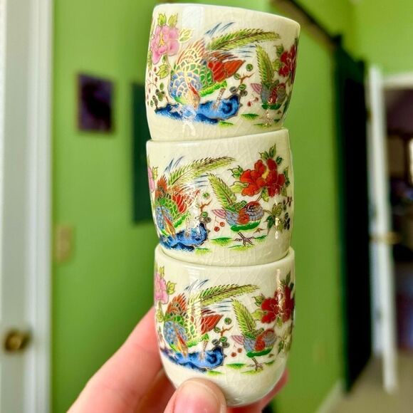 Oriental Vintage Rustic Retro Floral Bird Mini Cup Mug Collectible Set of 3 - Picture 1 of 11